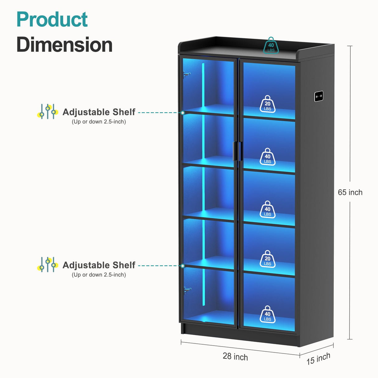 Lvifur Tall Storage Cabinet up to 70", LED Living Room Curio Cabinet with Human Body Induction, 5 Tier Bookcase Display Cabinet with Adjustable Shelves for Office (Black) Lvifur