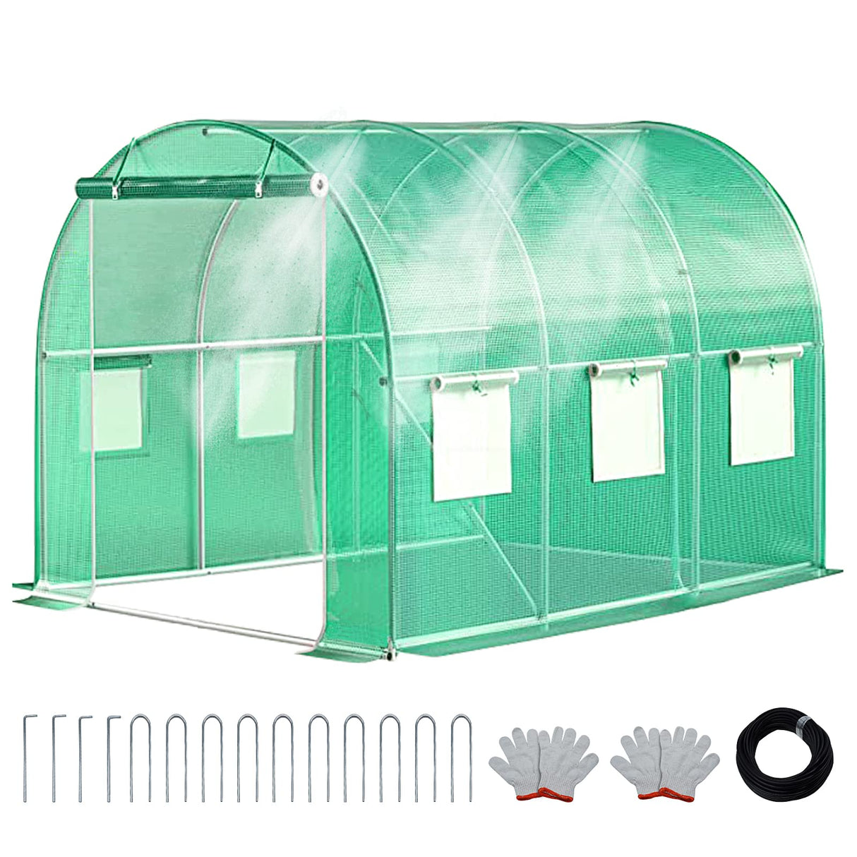 KANAGAWA 10'x7'x 7' Walk-in Tunnel Greenhouse with Watering System Heavy Duty Portable Green House Protect Gardening Plants 1 Zipper Mesh Door, 6 Roll-up Windows, Thickened galvanised steel,Green KANAGAWA