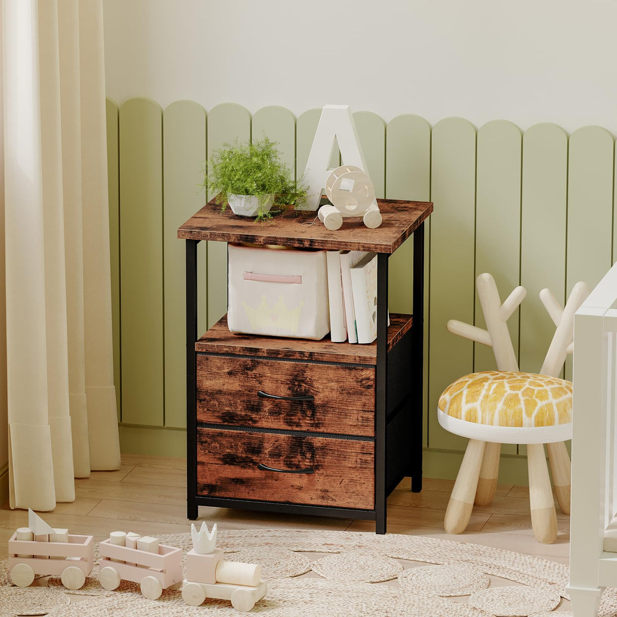 Fixwal Night Stand with Charging Station, Nightstand with Fabric Drawers, Bedside Table with Storage for Bedroom, Rustic Brown Fixwal