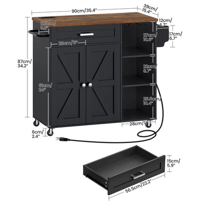 CHOEZON Kitchen Island, Kitchen Island Cart with Storage, Rolling Island Cart with Dual-Door Cabinet, Mobile Storage Islands with 3 AC Outlets, with Spice Rack, Black and Rustic Brown MZD02UBF