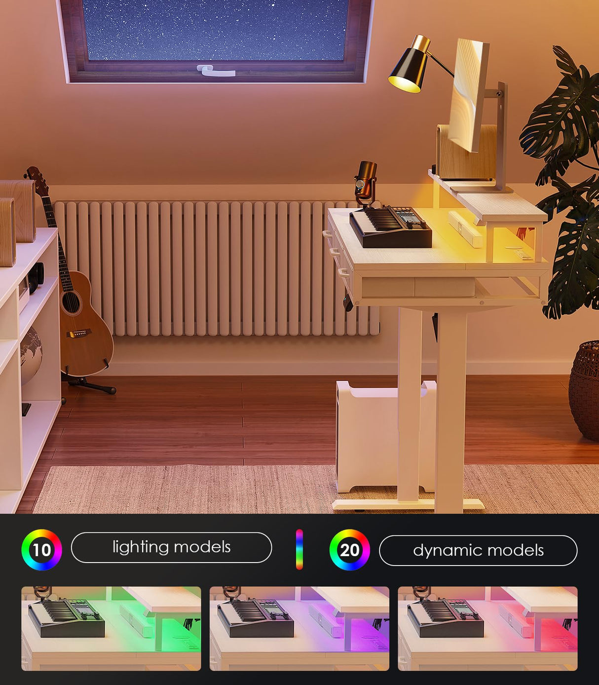 OffiGo Electric Standing Desk with Drawers, 55 Inch Height Adjustable Desk with Power Outlets & LED Lights, Sit Stand Table with Monitor Stand for Home, Office, Workstation, White OffiGo