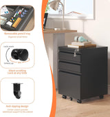 Guizeeopo Filing Cabinets for Home Office, Mobile File Cabinet with Lock, 3 Drawer Filing Cabinet for A4/Letter/Legal Size Folder, Fully Assembled Except Casters, Matte Black Guizeeopo