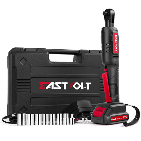 Eastvolt 12V Cordless Electric Ratchet Wrench Set, 3/8 Inch 35 Ft-lbs Power Wrench Tool Kit with Fast Charger, 2.0Ah Lithium-Ion Battery, 7-Pieces 3/8 Inch Metric Sockets and 1/4" Adaptor, Black + Red Eastvolt