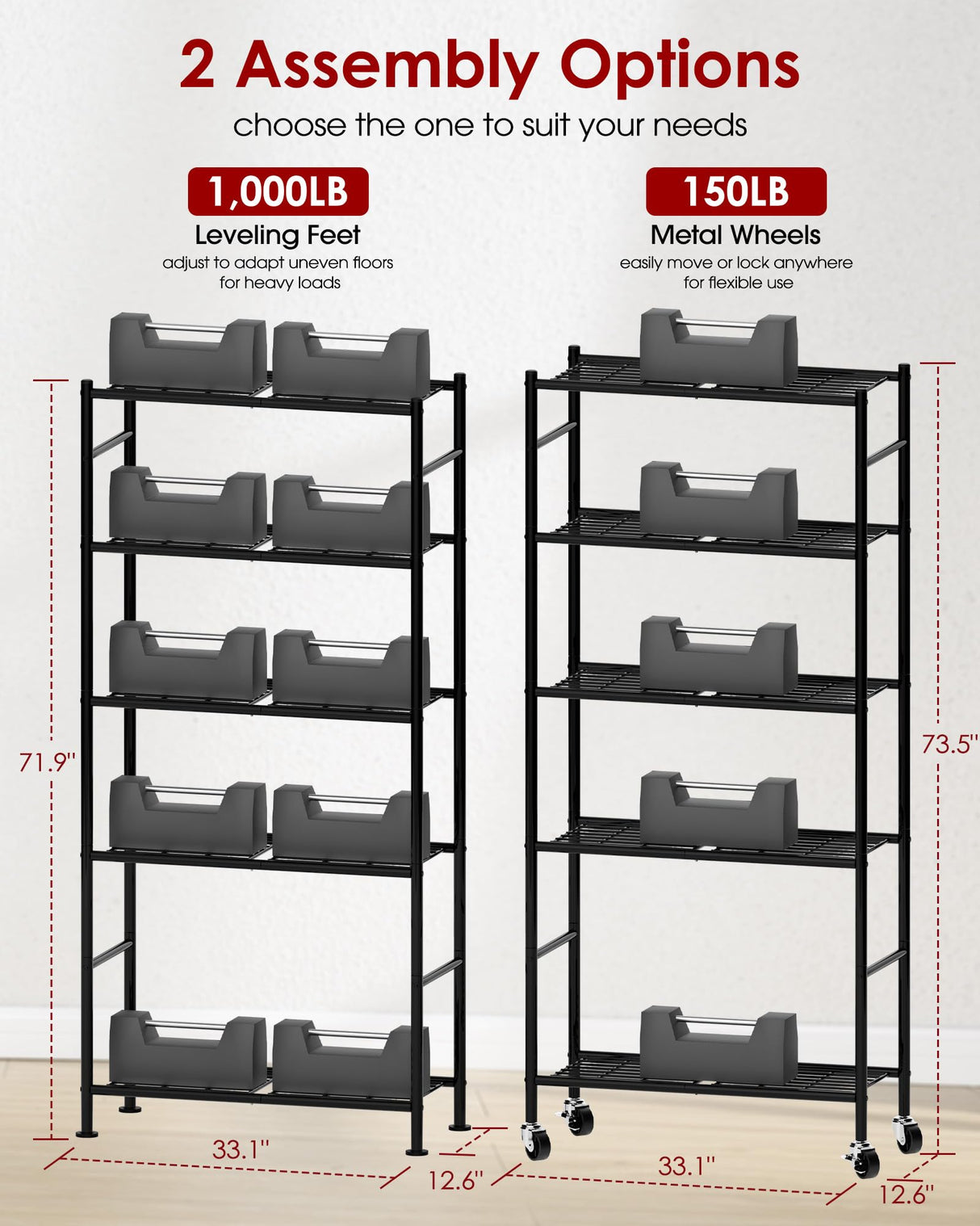 Sakugi Storage Shelves Organizer - 5 Tier Metal Shelf Organizer with Metal Wheels and Adjustable Leveling Feet, Heavy Duty Garage Shelving for Kitchen, Pantry and Closet, 33.1"x12.6"x73.5", Black Sakugi