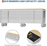 Rolling Tool Chest with Power Strip & Rubber Wood Top - 96 Inch Garage Workbench, Drawer Storage Cabinet Tool Box, Mobile Workstation SLEKVERSA