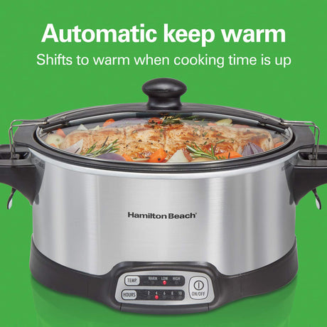 Hamilton Beach Programmable Slow Cooker with 6 Quart Stovetop-Safe Sear & Cook Crock & Travel Lid Lock for Portable Transport, Silver (33663) Hamilton Beach