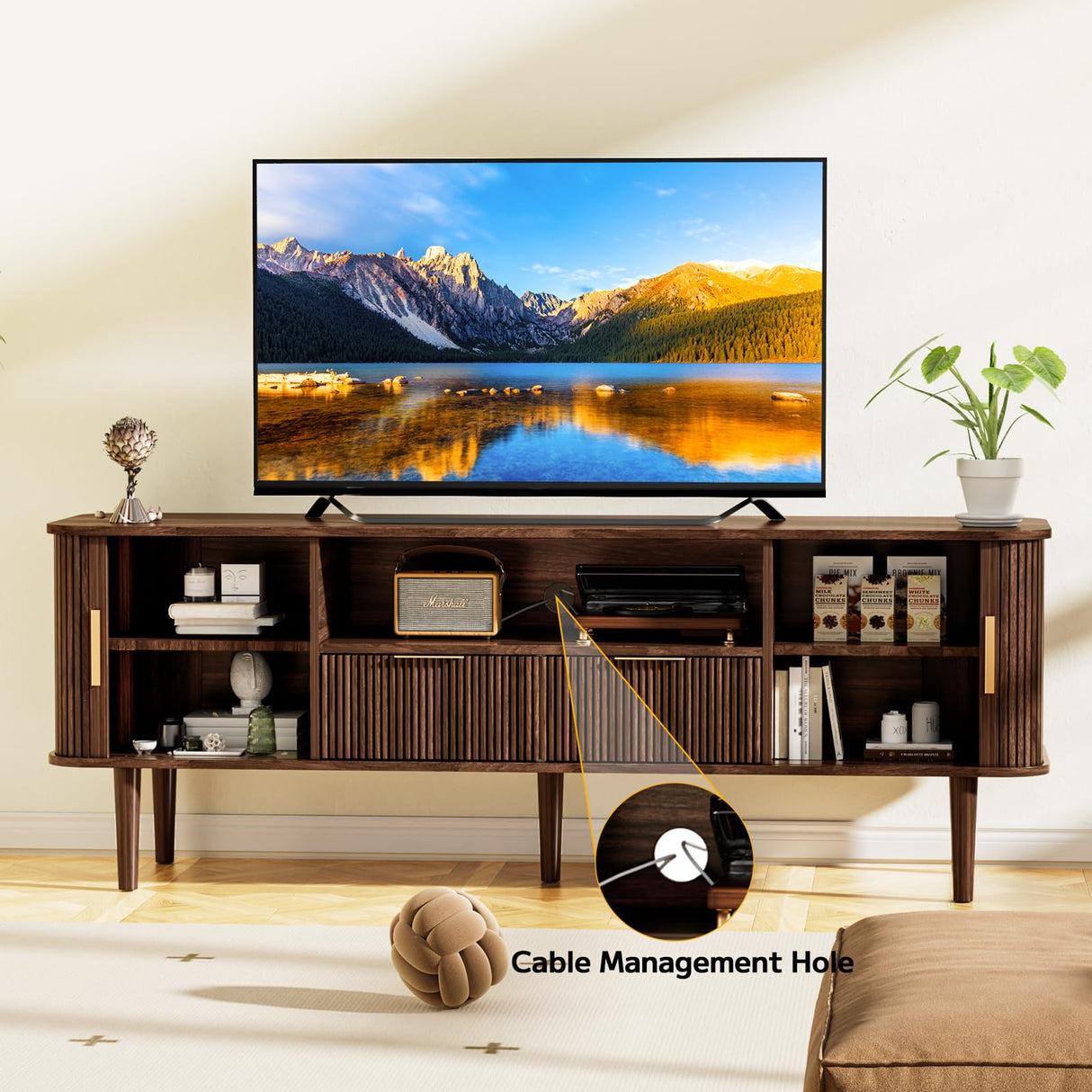 DAMCROP TV Stand 62.4 Inch Mid Century Modern Media Console Table with Drawer Shelves Sliding Tambour Door Farmhouse Sideboard Buffet Cabinet Fits TVs up to 75 inch Fluted Wood Entertainment Center DAMCROP