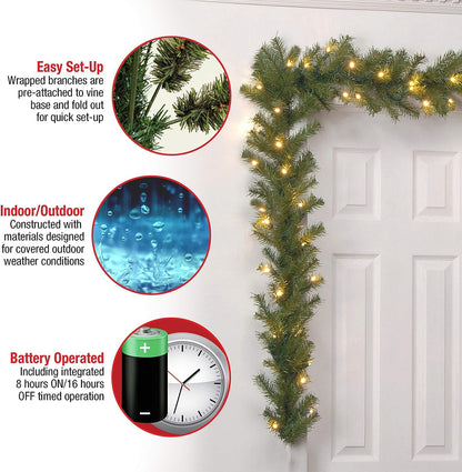 National Tree Company Pre-Lit Artificial Christmas Garland, Green, Norwood Fir, White Lights, Battery Operated, Christmas Collection, 9 Feet