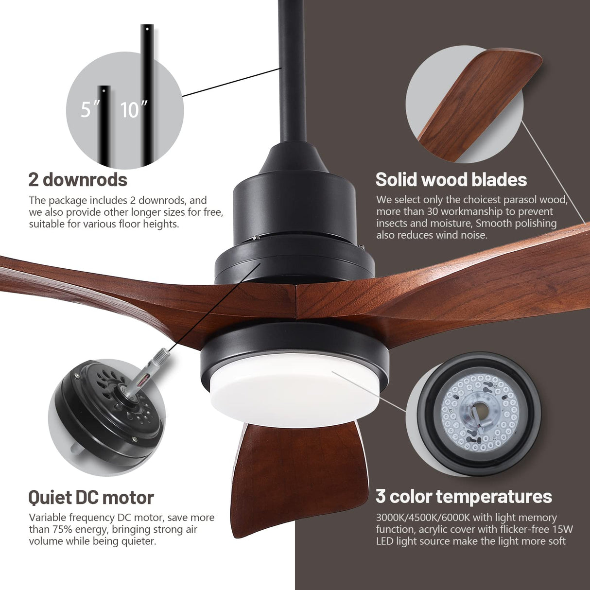 FXZZ 42" Wood Ceiling Fans with Lights and Remote, Quiet Reversible DC Motor and 3 Color LED Light, 3 Blades 6 Speed Ceiling Fan for Farmhouse Living Room Bedroom Dining Room Workroom Study FXZZ