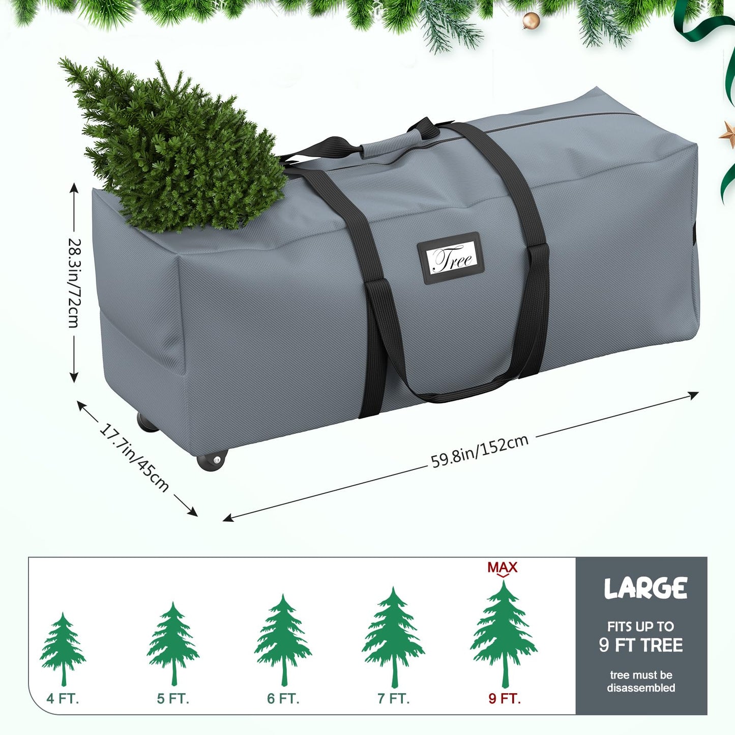 Mrrihand Christmas Tree Storage Bag 9Ft, Large Artificial Anti-Tear Heavy-Duty 600D Oxford Cloth Xmax Christmas Tree Storage Box 9FT with Rolling Wheels, Christmas Tree Storage Container(Grey)