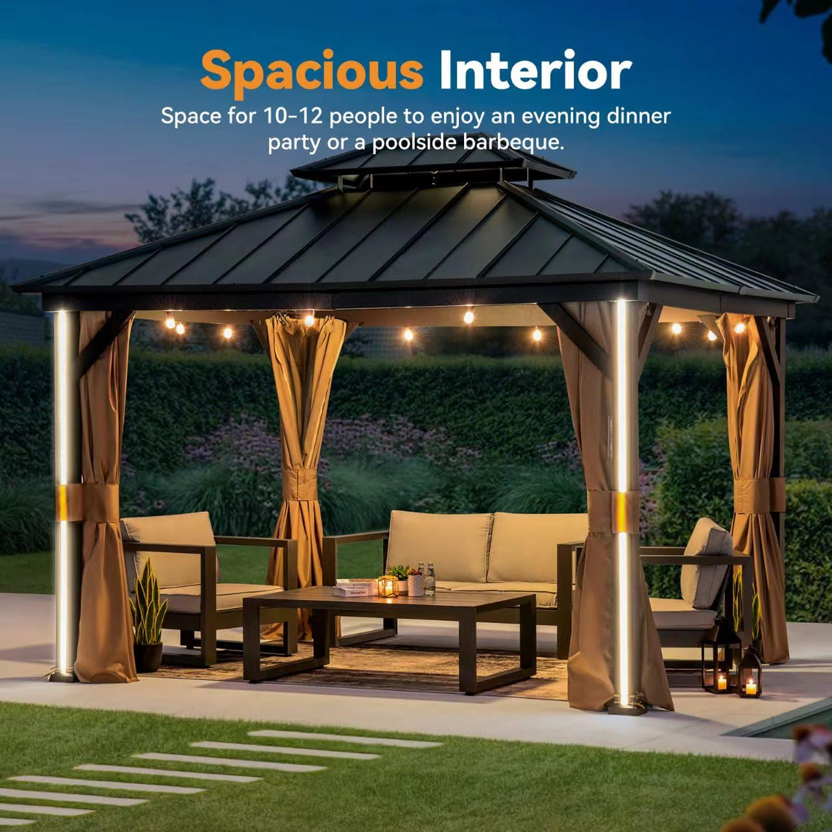 Modern Shade 10' x 12' Hardtop Gazebo with Galvanized Steel Roof, Aluminum Frame, Mosquito Netting, Curtains, 4 LED Lights, USB & USB-C Charging Port Permanent Outdoor Pavilion for Backyard Patio Modern Shade Outdoor Living Spaces