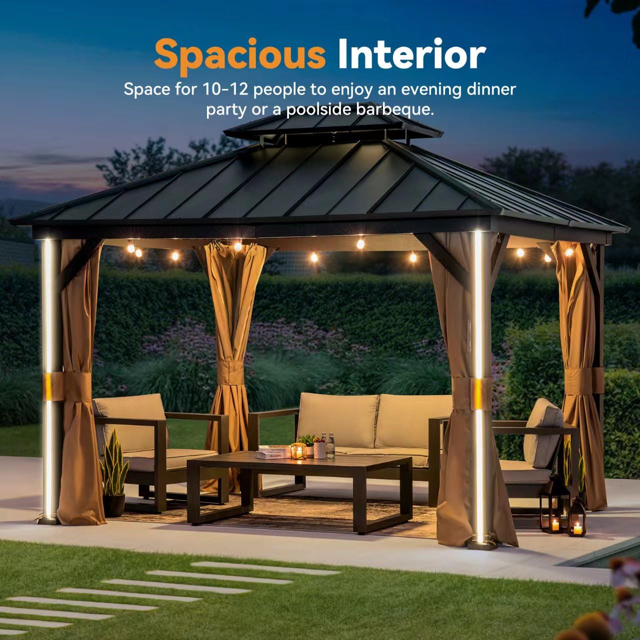 Modern Shade 10' x 12' Hardtop Gazebo with Galvanized Steel Roof, Aluminum Frame, Mosquito Netting, Curtains, 4 LED Lights, USB & USB-C Charging Port Permanent Outdoor Pavilion for Backyard P - WoodArtSupply