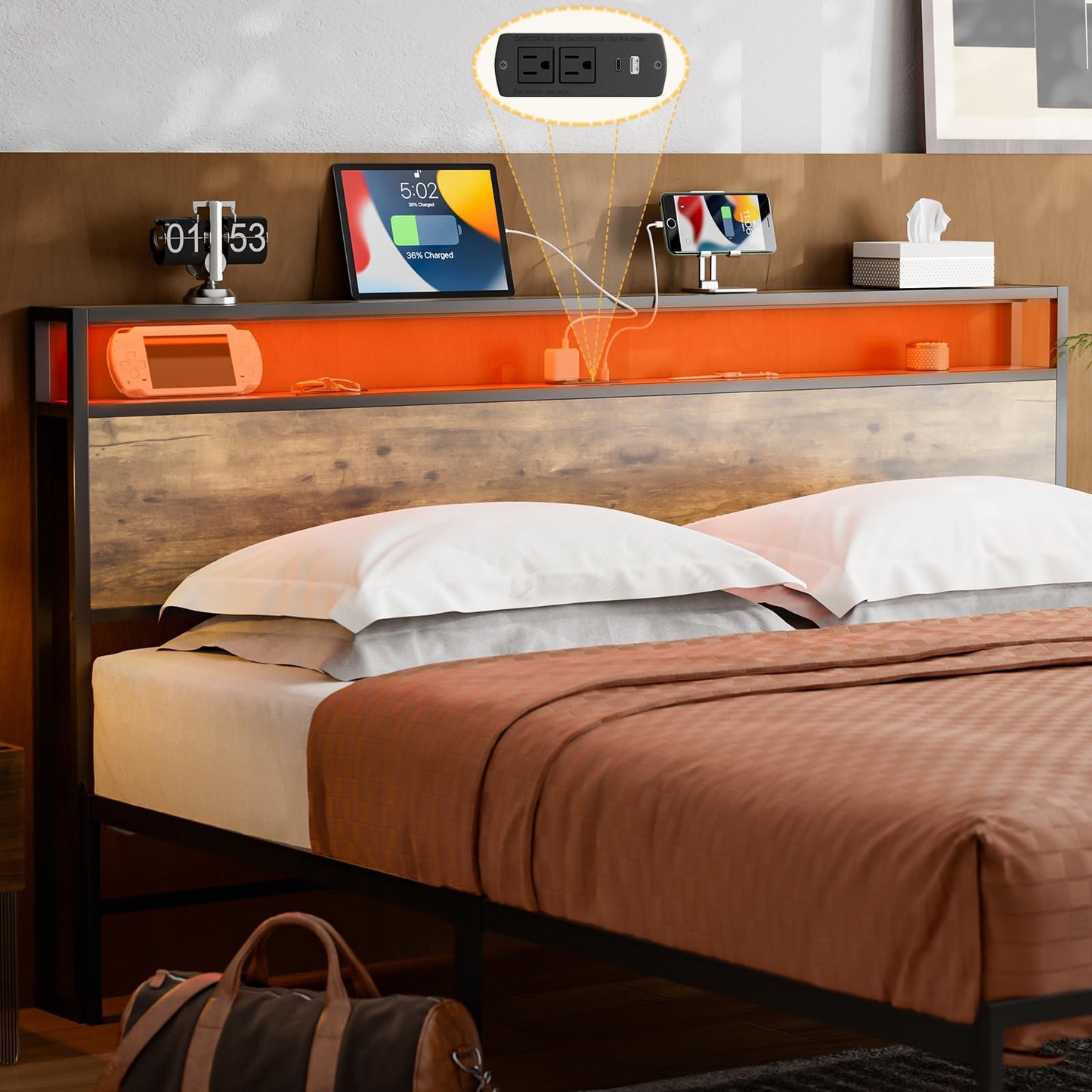 KZNGK King Size LED Headboard with Charging Station and Industrial Storage Design - WoodArtSupply