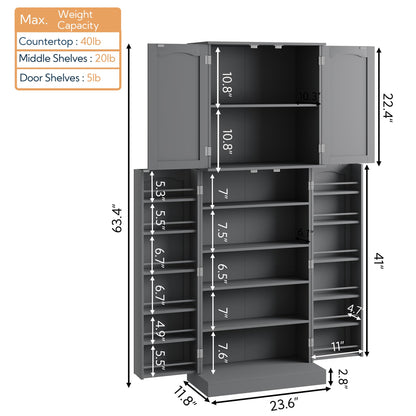 Yusong Tall Kitchen Pantry Storage Cabinet with Doors and Shelves, Wooden Food Pantry Farmhouse Cupboard Freestanding Buffet for Kitchen Dining, Grey - WoodArtSupply