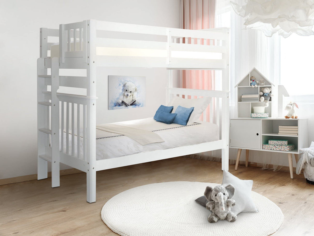 Bedz King Tall Bunk Beds Twin over Twin Mission Style with End Ladder, White Bedz King