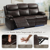 PALLOME Power Reclining 3-Seater Sofa for Home Theater, Electric Recliner Couch with LED Lights, USB & Type-C, RV Sofa with Cup Holders, Side Pocket, Faux Leather (Brown) PALLOME