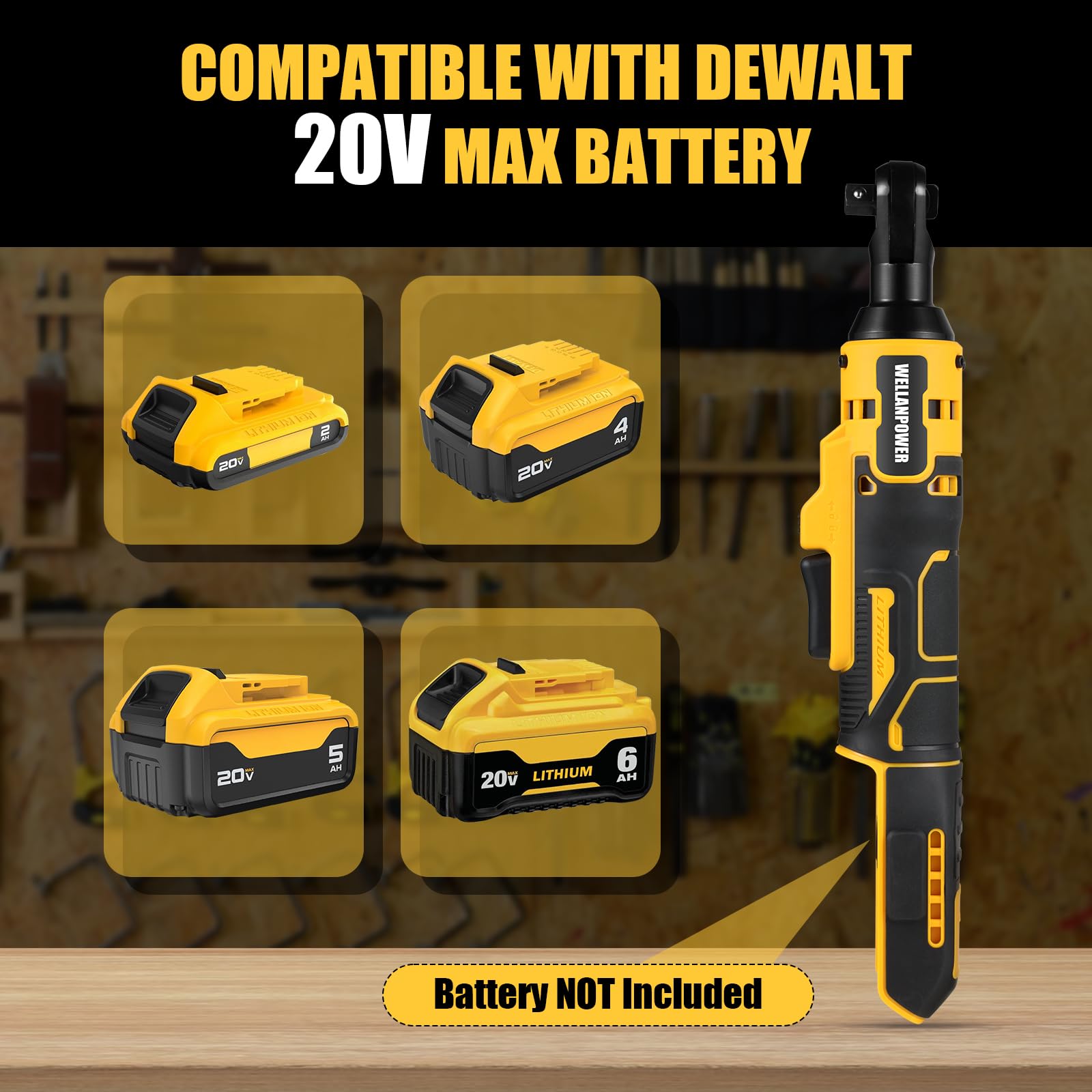 Electric Ratchet, Cordless Ratchet Wrench 3/8" Compatible with DEWALT 20V Battery, 74Ft-lb, 580 RPM, Variable Speed Trigger, LED Light, 3/8" to 1/4" Adapter, 9 Sockets, No Battery Included - WoodArtSupply