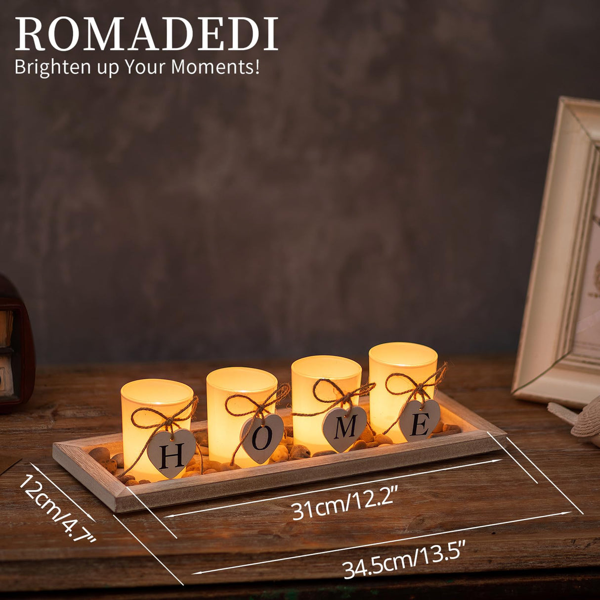Romadedi Farmhouse Centerpiece Candle Holder Decor - Rustic Wooden Tray with 4 Glass Tealight Candles Holders for Coffee Table Home Decorations Living Room Fireplace Kitchen Housewarming Gifts Romadedi