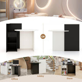 SILKYDRY Reception Desk, Small Retail Checkout Counter with Lockable Drawer and Open Shelves, Wooden Computer Workstation for Home Office Lobby, White Oval Desktop & Black Counter SILKYDRY