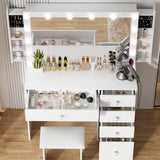 VOWNER White Makeup Vanity Desk with Lighted Mirror & Power Outlet, 3 Color Modes, Vanity Table with Drawer,Sliding Shelves for Bedroom VOWNER
