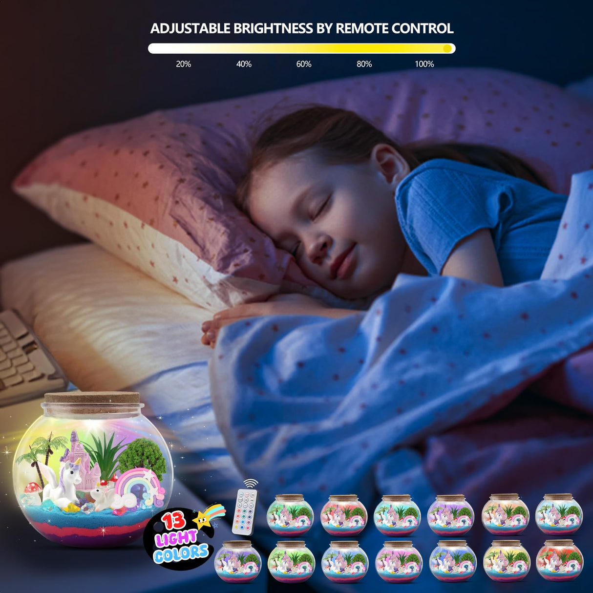 MYDOVA Unicorn Light-Up Terrarium Crafts Kit for Kids, LED Night Light Up & Remote Birthday Gifts Toys for Ages 6+Year Old- Unicorn Toys for Girls Best Girls DIY Arts and Crafts Kit MYDOVA