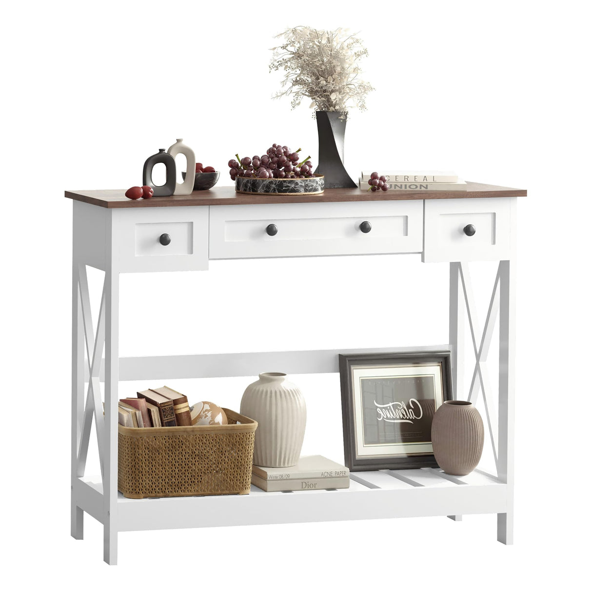 VEELOK 39.4" Farmhouse Console Table with 3 Drawers for Entryway, Rustic Entryway Table Entry Table, Sofa Table for Living Room, Hallway, Behind Couch, White and Brown VEELOK