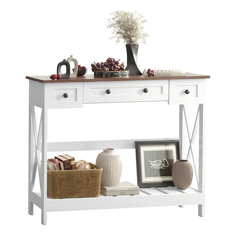 VEELOK 39.4" Farmhouse Console Table with 3 Drawers for Entryway, Rustic Entryway Table Entry Table, Sofa Table for Living Room, Hallway, Behind Couch, White and Brown VEELOK