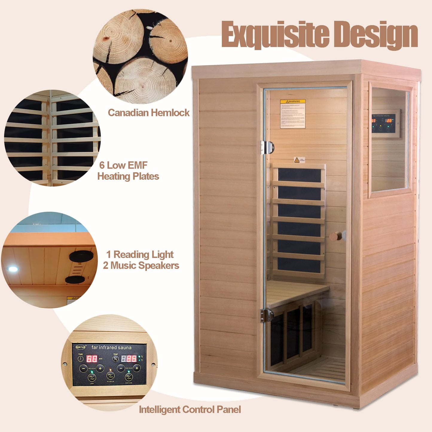 SALUSHEAT Infrared Sauna for Home, Mini 1 Person Infrared Sauna, Right Side, Low EMF Indoor Sauna Spa, Canadian Hemlock, Control Panel, Rapid Heating, 1050W