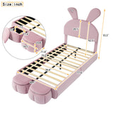 Merax Twin Size Upholstered Platform Bed with 2 Small Storage Stools Cartoon Ears Shaped Headboard and Light, Pink Merax
