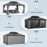 Aoxun 12' x 16' Permanent Hardtop Gazebo with Galvanized Steel Double Roof and Aluminum Frames Outdoor Large Pavilion Gazebo for Patio Deck Garden, Nettings and Curtains Included, Brown Aoxun