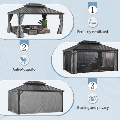 Aoxun 12' x 16' Permanent Hardtop Gazebo with Galvanized Steel Double Roof and Aluminum Frames Outdoor Large Pavilion Gazebo for Patio Deck Garden, Nettings and Curtains Included, Brown - WoodArtSupply