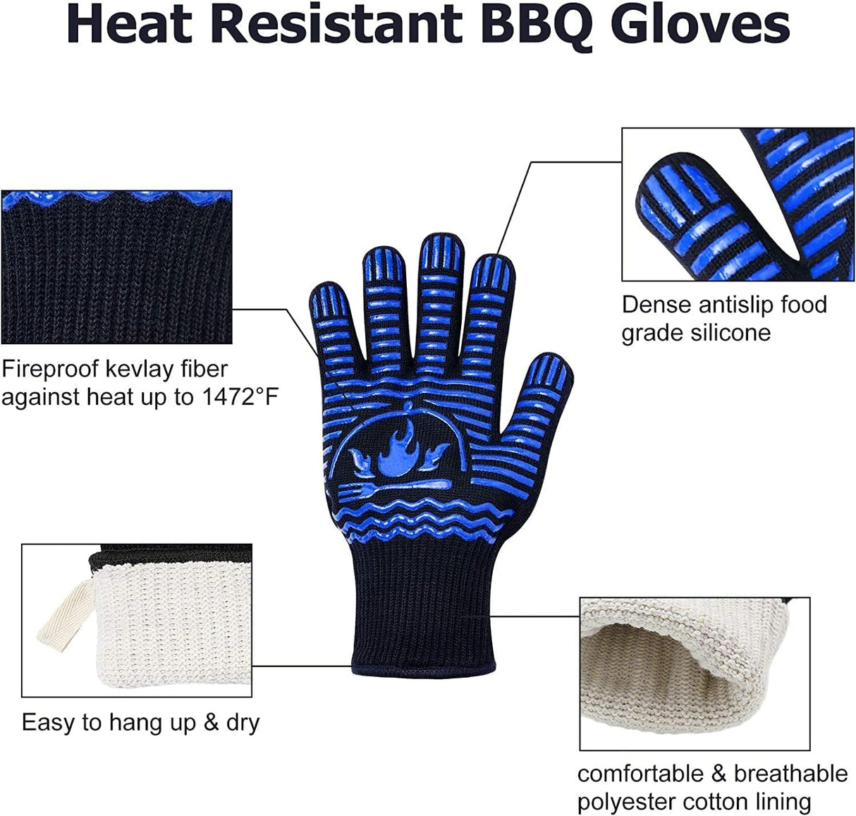Recoty BBQ Gloves, 1472°F Extreme Heat Resistant Grill Gloves, Non-Slip Food Grade Silicone Oven Mitts Gloves for Kitchen, Cooking, Barbecue, Baking, Smoker (11inch) Recoty
