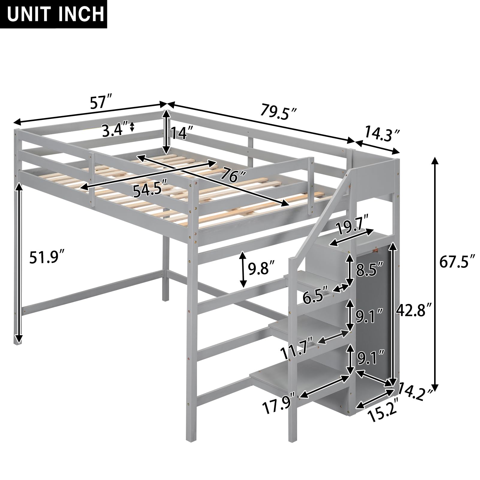 Harper & Bright Designs Grey Full Loft Bed with Storage Staircase and Wardrobe - WoodArtSupply