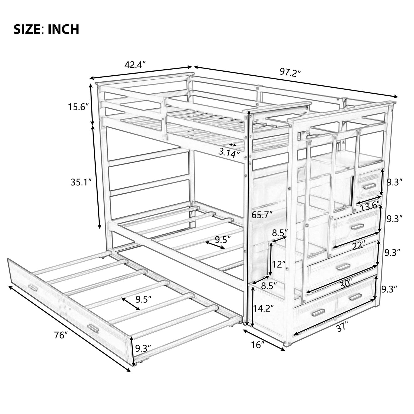 Bellemave Grey Twin Over Twin Bunk Bed with Trundle, 4 Storage Drawers, Staircase & Safety Guard Rails - WoodArtSupply