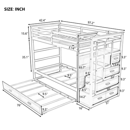 Bellemave Grey Twin Over Twin Bunk Bed with Trundle, 4 Storage Drawers, Staircase & Safety Guard Rails - WoodArtSupply