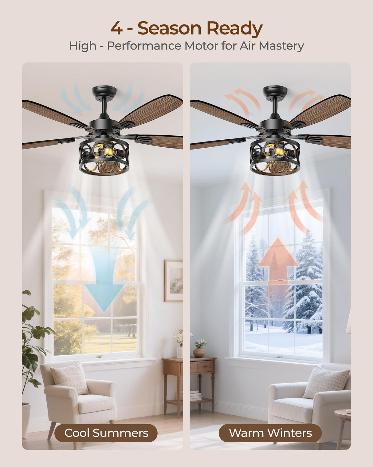 Ceiling Fans with Lights and Remote, 52'' Vintage Caged Ceiling Fan with Light, 5 Blades, 6+1 Speed, Flush Mount Ceiling Fan Whisper-quiet for Farmhouse, Living Room, Kitchen and Porch (52 Inch) BLNAN