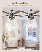 Ceiling Fans with Lights and Remote, 52'' Vintage Caged Ceiling Fan with Light, 5 Blades, 6+1 Speed, Flush Mount Ceiling Fan Whisper-quiet for Farmhouse, Living Room, Kitchen and Porch (52 Inch) BLNAN