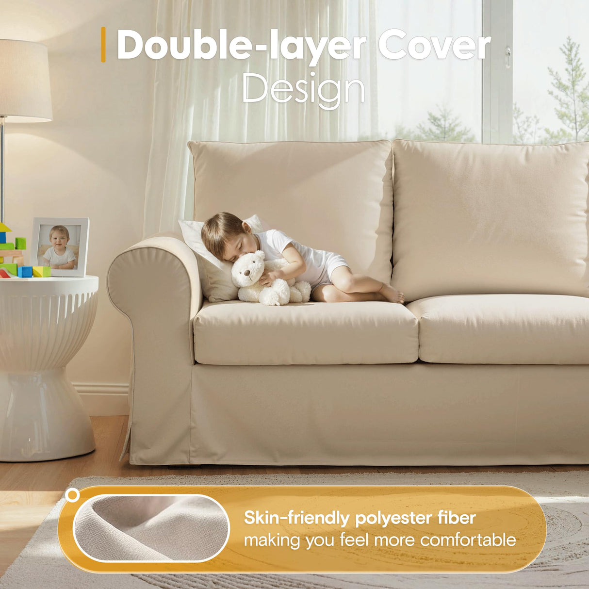 89" 3-Seater Couch with Rolled Arm, Farmhouse Slipcovered Sofa with Washable Cover, Supportive Cushions & Sturdy Frame, White Couches for Living Room, Small Spaces, Apartment, Office, Easy Assembly Vorthio