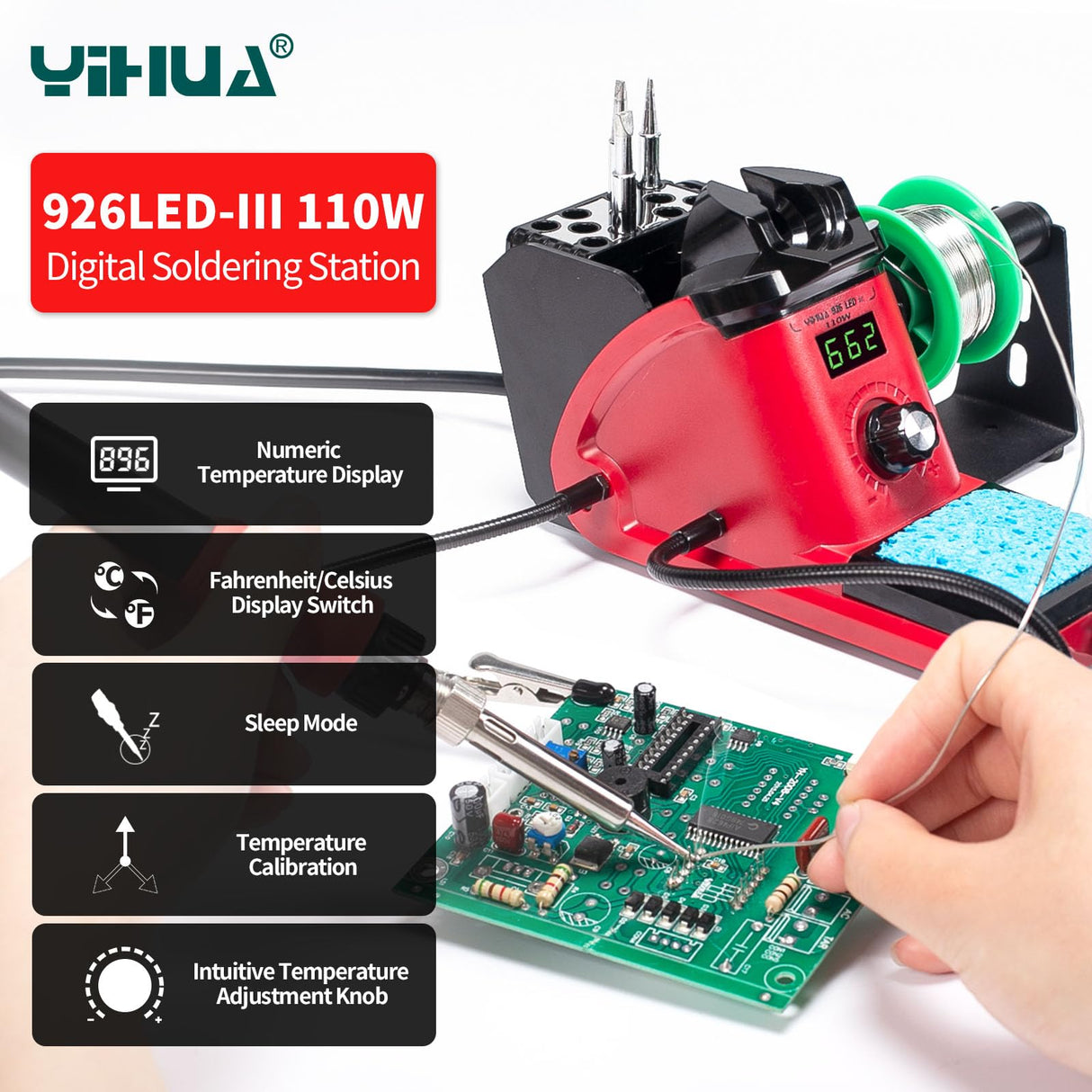 YIHUA 926 III 110W Soldering Iron Station Kit with LED Display, 2 Helping Hands, 3 Extra Iron Tips, 35g Lead-Free Solder, Solder Sucker, S/S Tweezers, °C/°F Conversion, Calibration & Sleep Features YIHUA