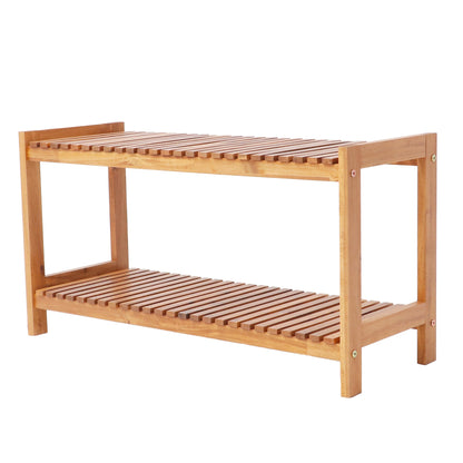 VICTORY RELAX 2-Tier Long Acacia Wood Shoe Rack, Wide Natural Shoe Storage Shelf for Entryway, Stackable Wooden Plant Stand Organizer for Closet, Bedroom, Kitchen, Indoor and Outdoor