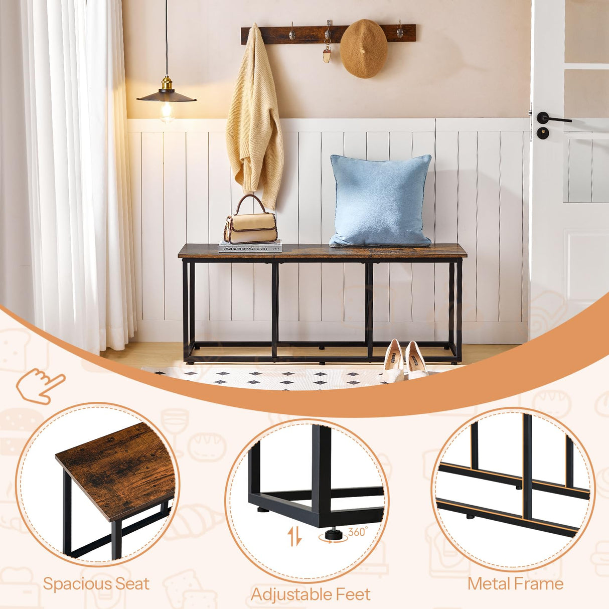 HOOBRO Dining Bench, 47.2 Inch Dining Table Bench, Industrial Style Kitchen Bench, Steel Frame, Easy to Assemble, for Kitchen, Dining Room, Rustic Brown and Black BF45CD01 HOOBRO