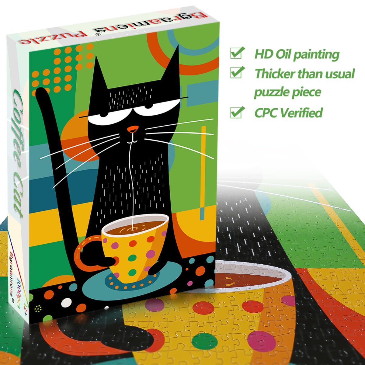 Bgraamiens Puzzle-Coffee Cat- Modern Art Puzzle Cartoon Cat Puzzle 1000 Pieces Puzzle for Adult, Color Challenge Puzzle for Adult Bgraamiens