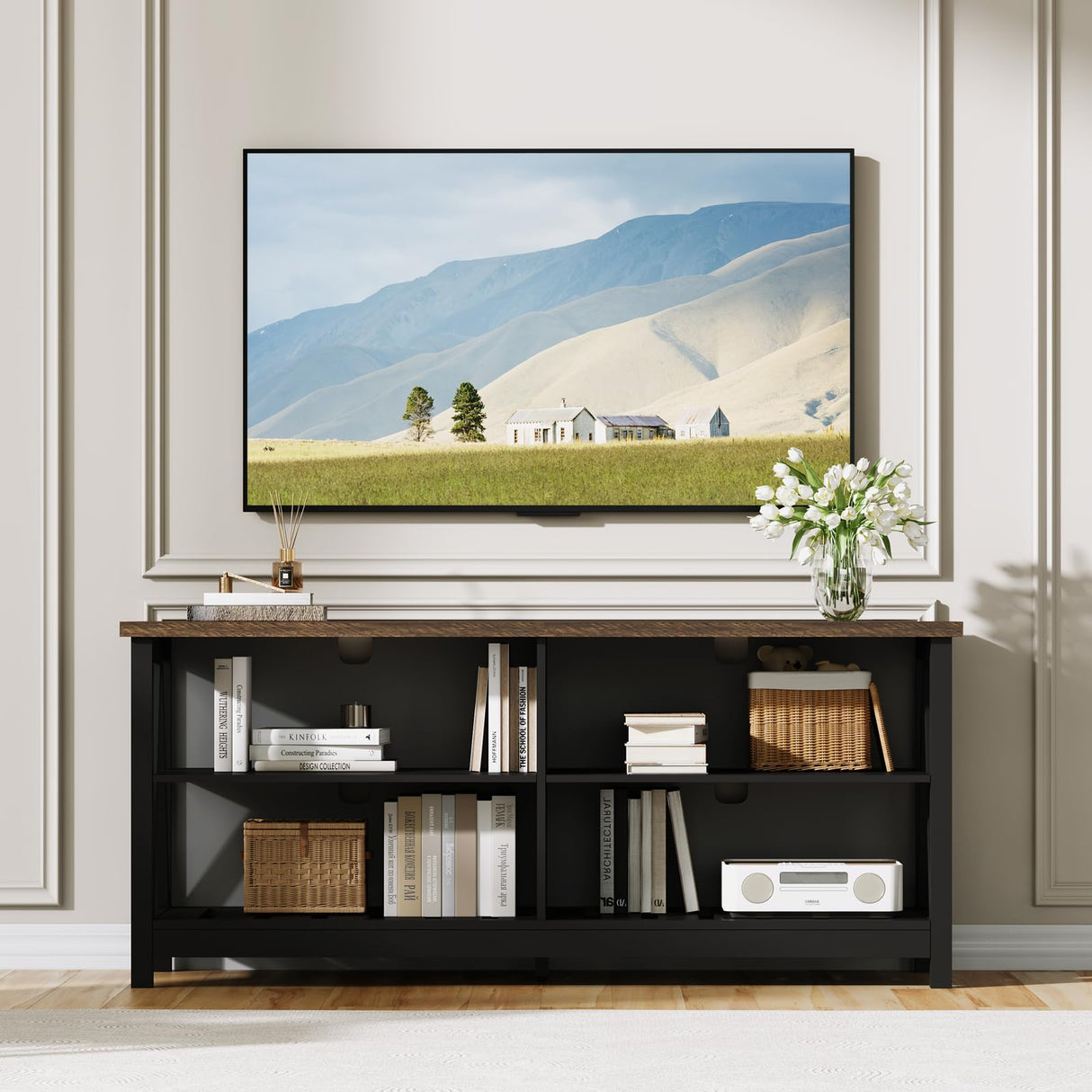 ChooChoo Farmhouse TV Stand for TVs up to 55 Inch, Modern Entertainment Center with 4 Open Shelves & Built-in Cable Holes, Media TV Console for Living Room, Bedroom, Black ChooChoo