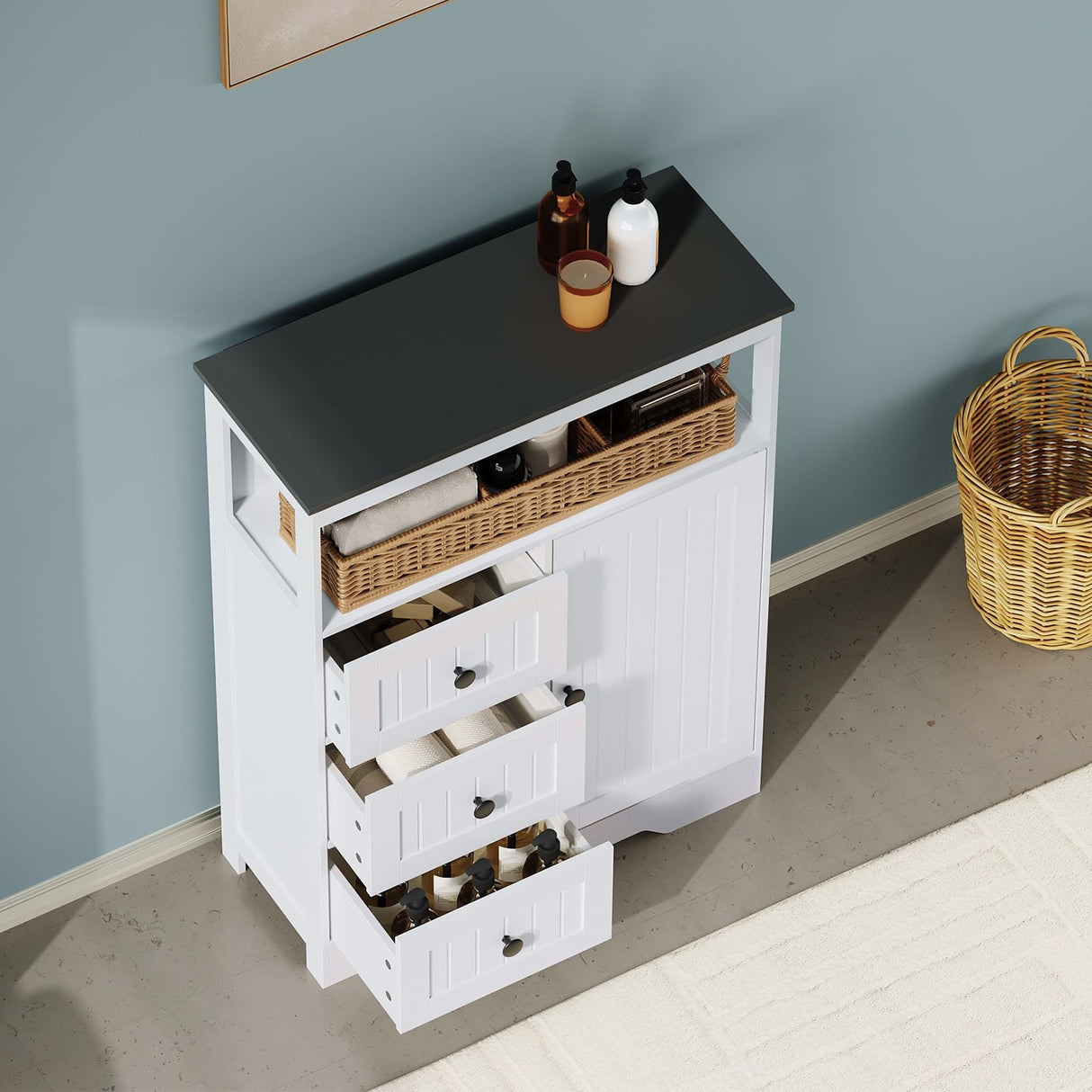 HOOBRO 28.3" Bathroom Storage Cabinet, Large Floor Cabinet, Freestanding Bathroom Storage Unit, 1 Cupboard and 3 Drawers, Adjustable Shelf, 28.3" L x 11.8" W x 37.8" H, White and Black HOOBRO