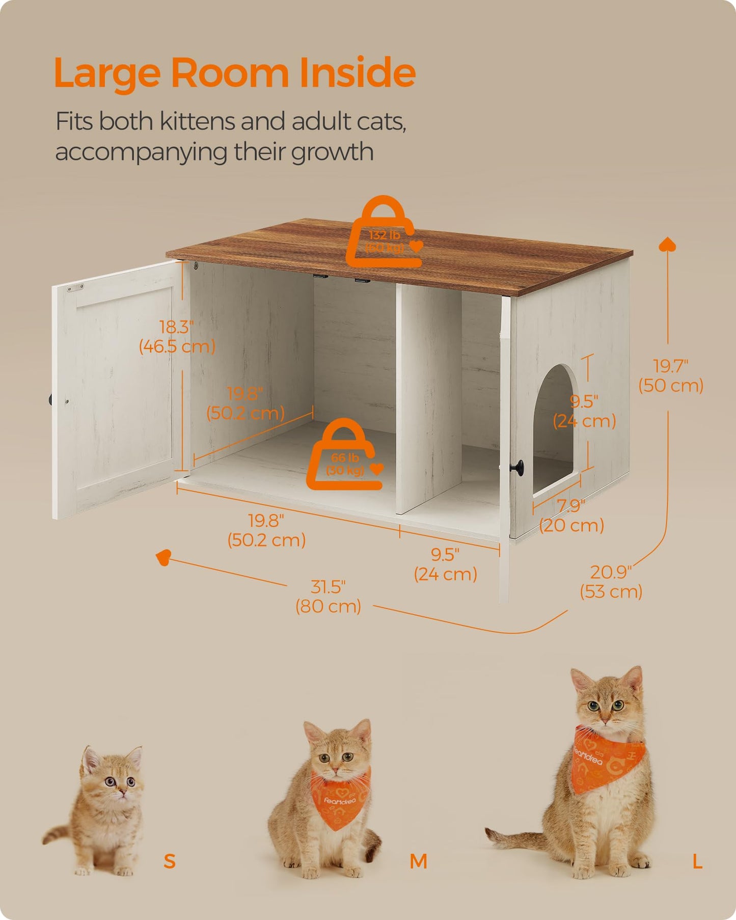 Feandrea Cat Litter Box Enclosure, Litter Box Furniture Hidden with Removable Divider, Indoor Cat House, End Table, 31.5 x 20.9 x 19.7 Inches, Honey Brown and Rustic White UPCL002P01 - WoodArtSupply