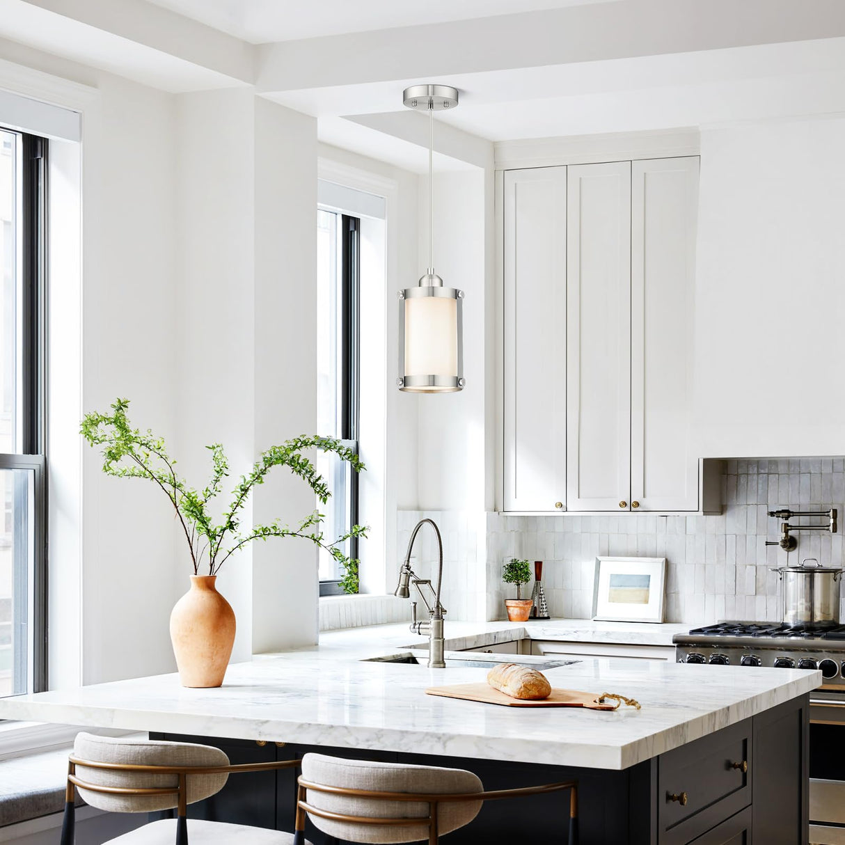 Osimir Brushed Nickel Pendant Lights Kitchen Island 3 Pack, Modern Kitchen Pendant Lighting Over Island with Milk Glass, Farmhouse Mini Hanging Light for Sink Dining Room, OS-3014-3PBN Osimir