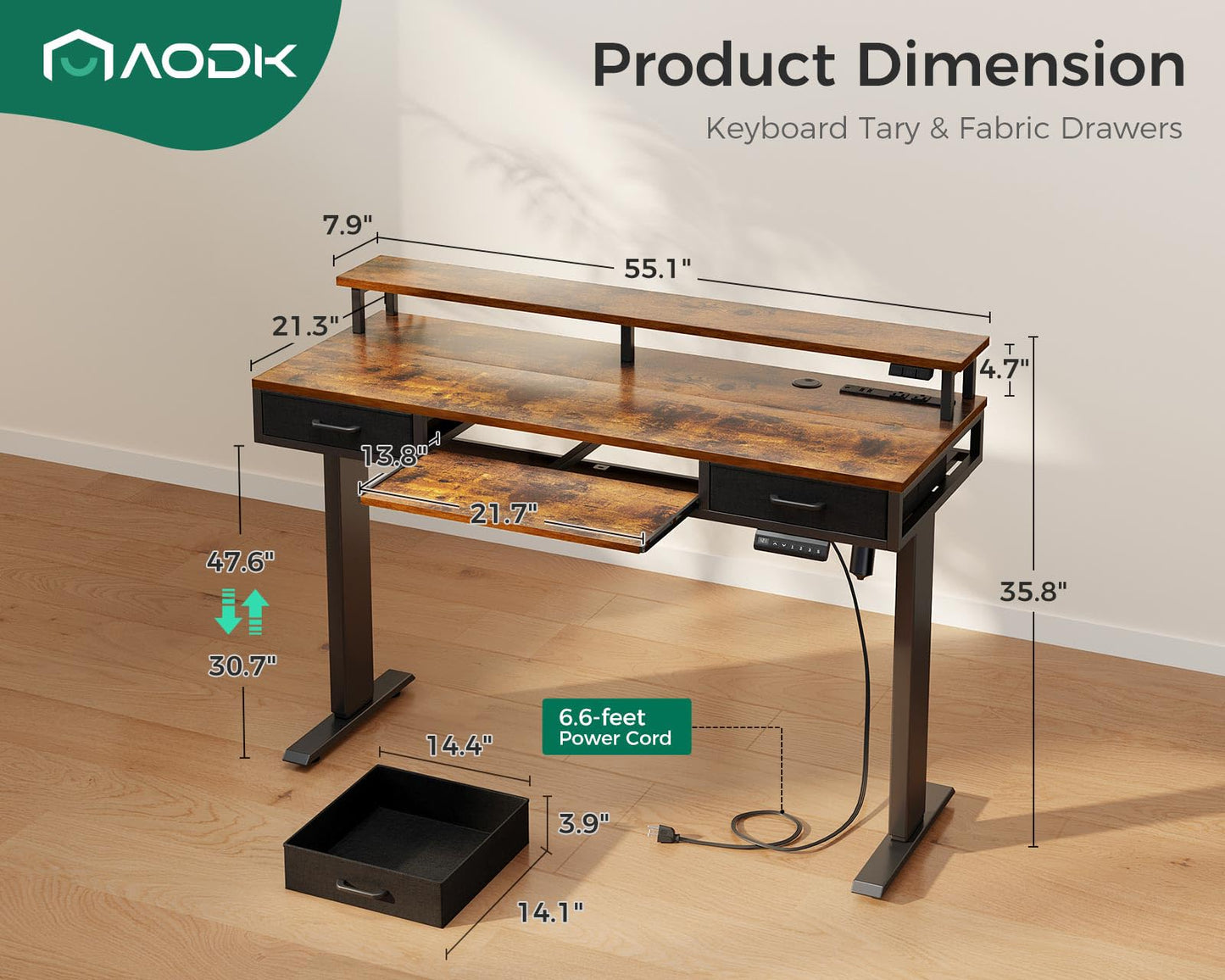 AODK Electric Standing Desk with 2 Drawers & Keyboard Tray and USB & LED Lights, 55inch Rustic Brown, Height Adjustable Desk with Power Outlets & LED Lights, Stand Up Desk with Monitor Shelf - WoodArtSupply