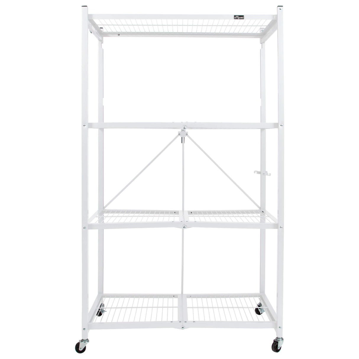 Origami 4 Tier Foldable Heavy Duty Metal Garage Storage Shelf Rack with Wheels and Powder Coated Steel for Organization in Home and Office, White Origami
