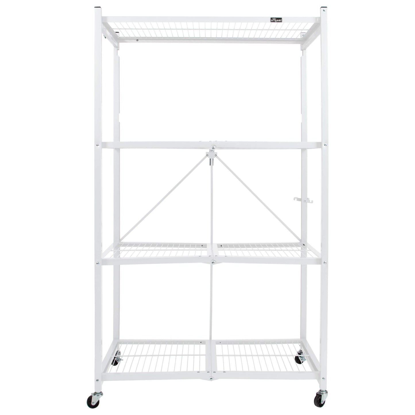 Origami 4 Tier Foldable Heavy Duty Metal Garage Storage Shelf Rack with Wheels and Powder Coated Steel for Organization in Home and Office, White