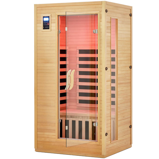 Garvee 2024 Upgrade 1 to 2 Person Sauna, 6 Heating Plate Infrared Physical Therapy Wooden Dry Steam Sauna, Low EMF, MP3 Auxiliary Connection, Dual Controls Inside and Outside Fits, Home Spa Day Use